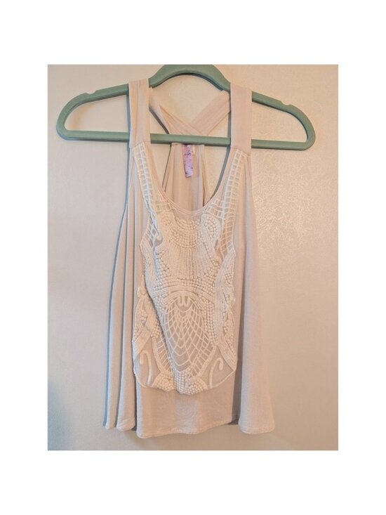 Alya Tops - Alya Womens Cream Crochet Lace Bib Racerback Tank Top Small 42761 Boho Crepe